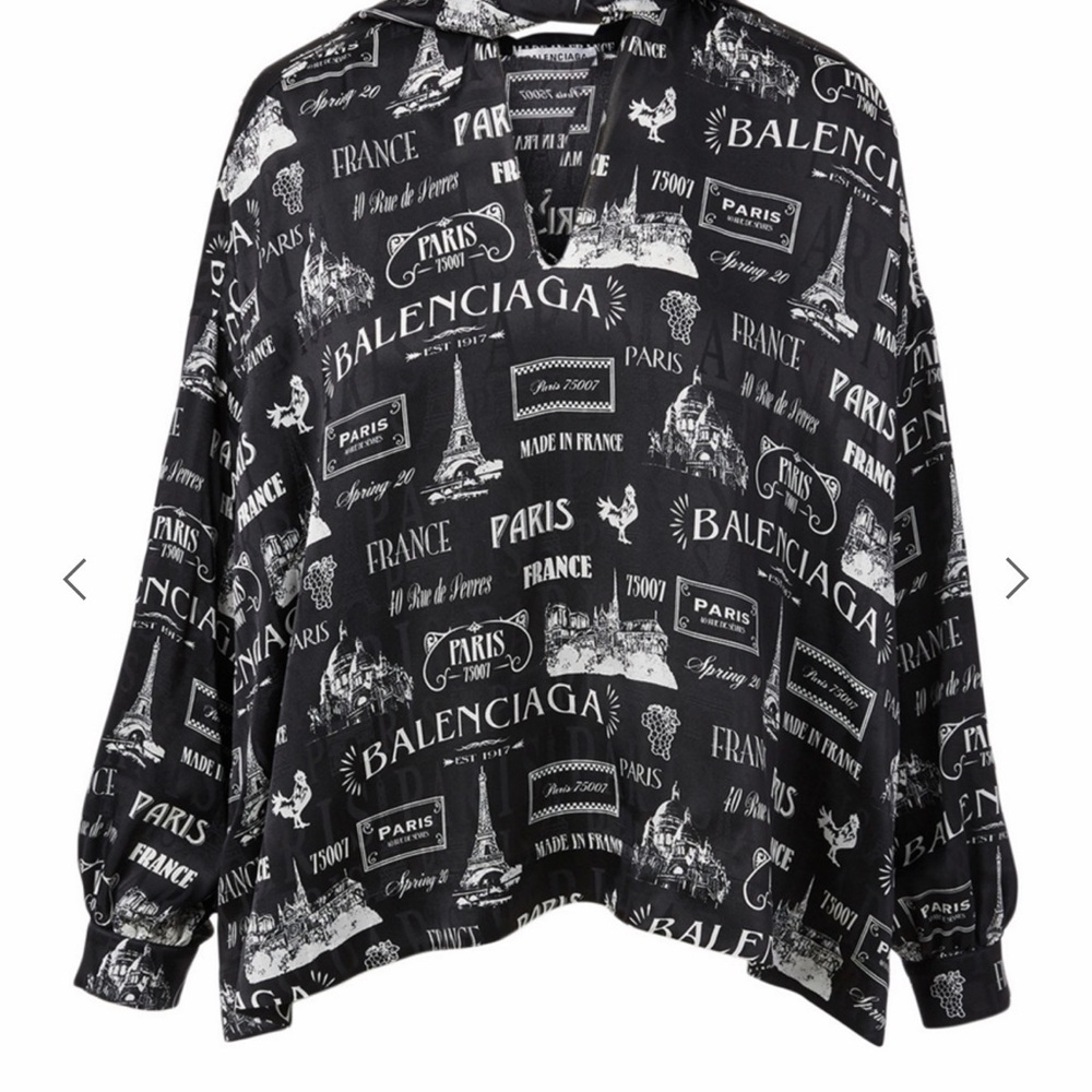 Balenciaga Monochrome Paris Print Bow Blouse